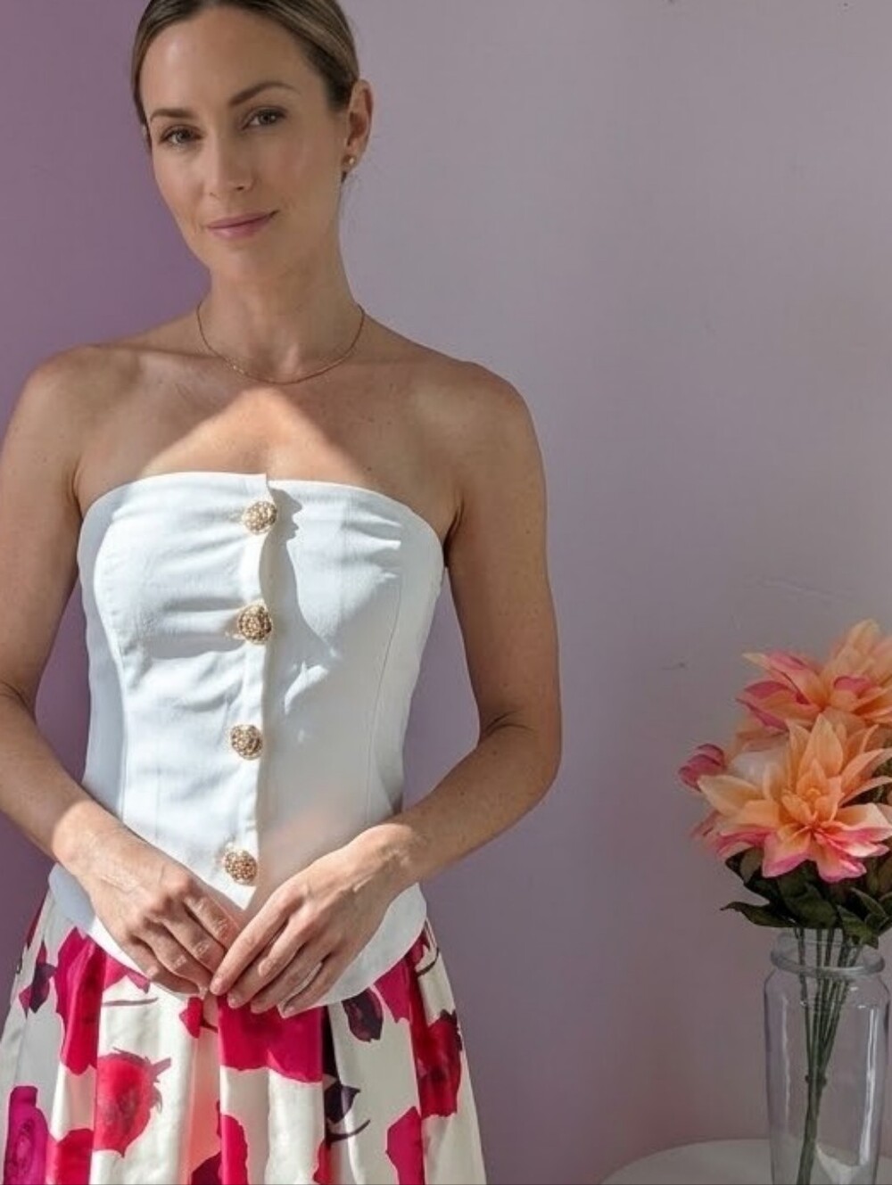Elegant White Strapless Corset Bustier Top w/ Gold Buttons Size M
